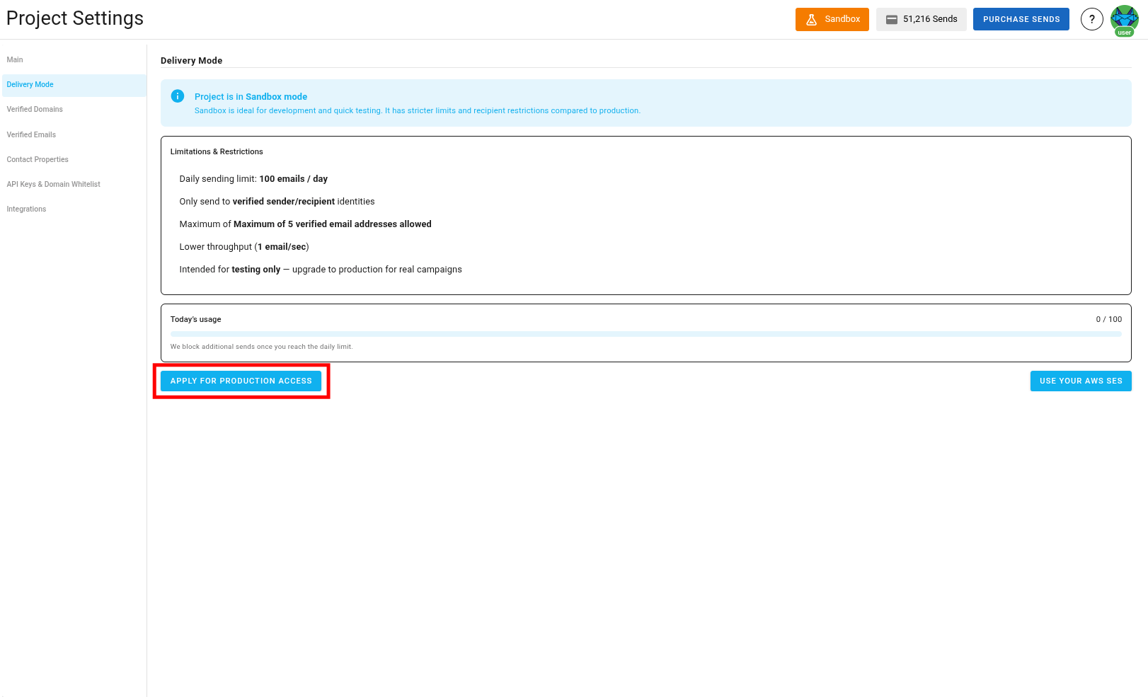 A screenshot of the project delivery mode settings with the request production access button highlighted.