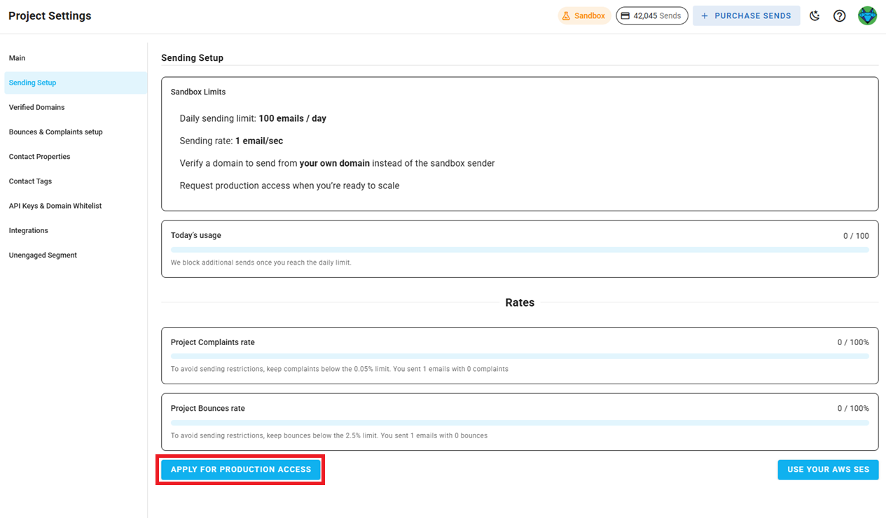 A screenshot of the project delivery mode settings with the request production access button highlighted.