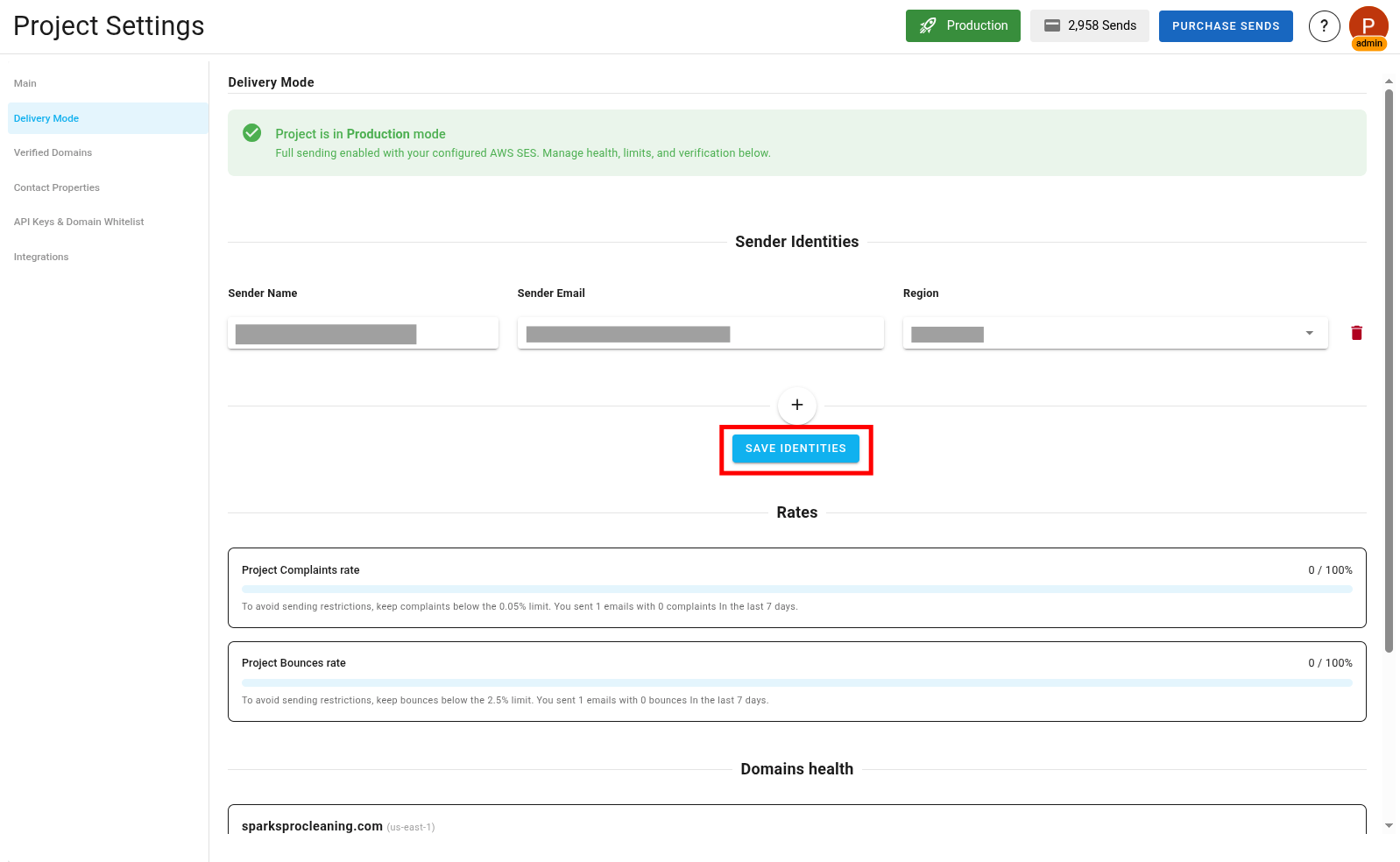 A screenshot of the project delivery mode settings with save identity button highlighted.