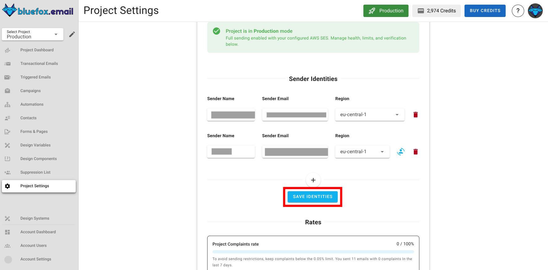 A screenshot of the project delivery mode settings with save identity button highlighted.