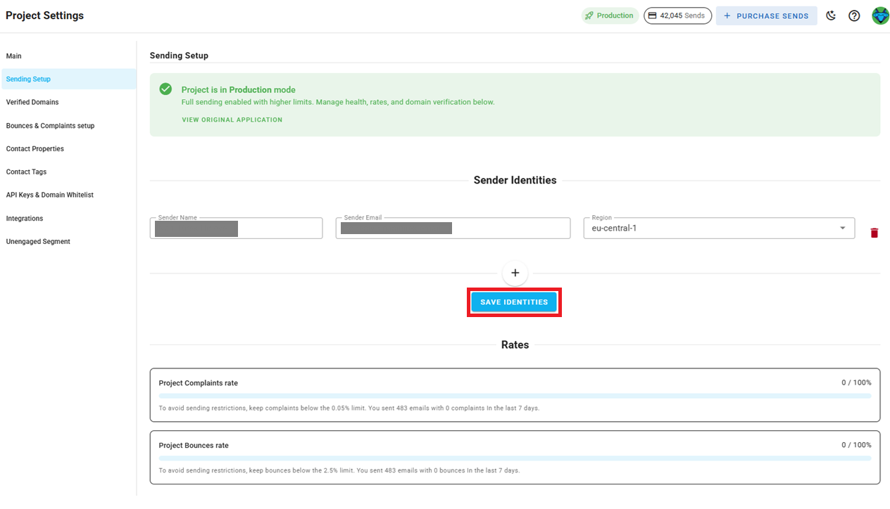 A screenshot of the project delivery mode settings with save identity button highlighted.
