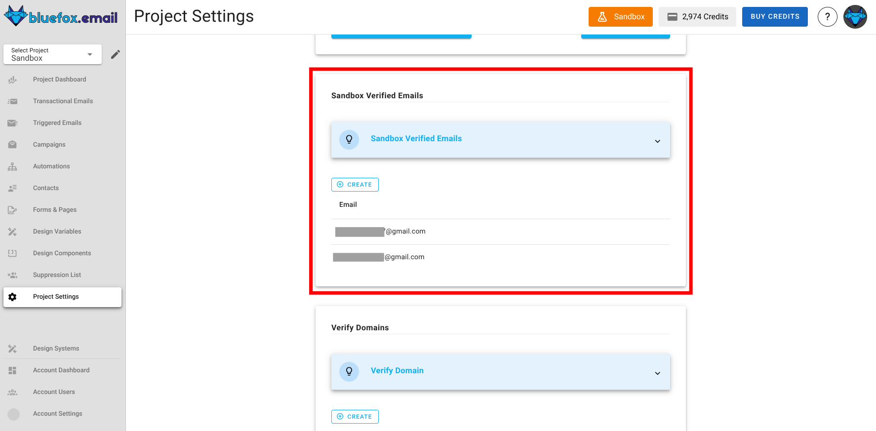 A screenshot of the project delivery mode settings with the verify email button highlighted.