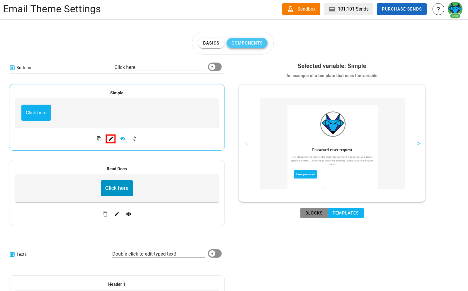 A screenshot of a project's design system components section - edit icon highlighted.