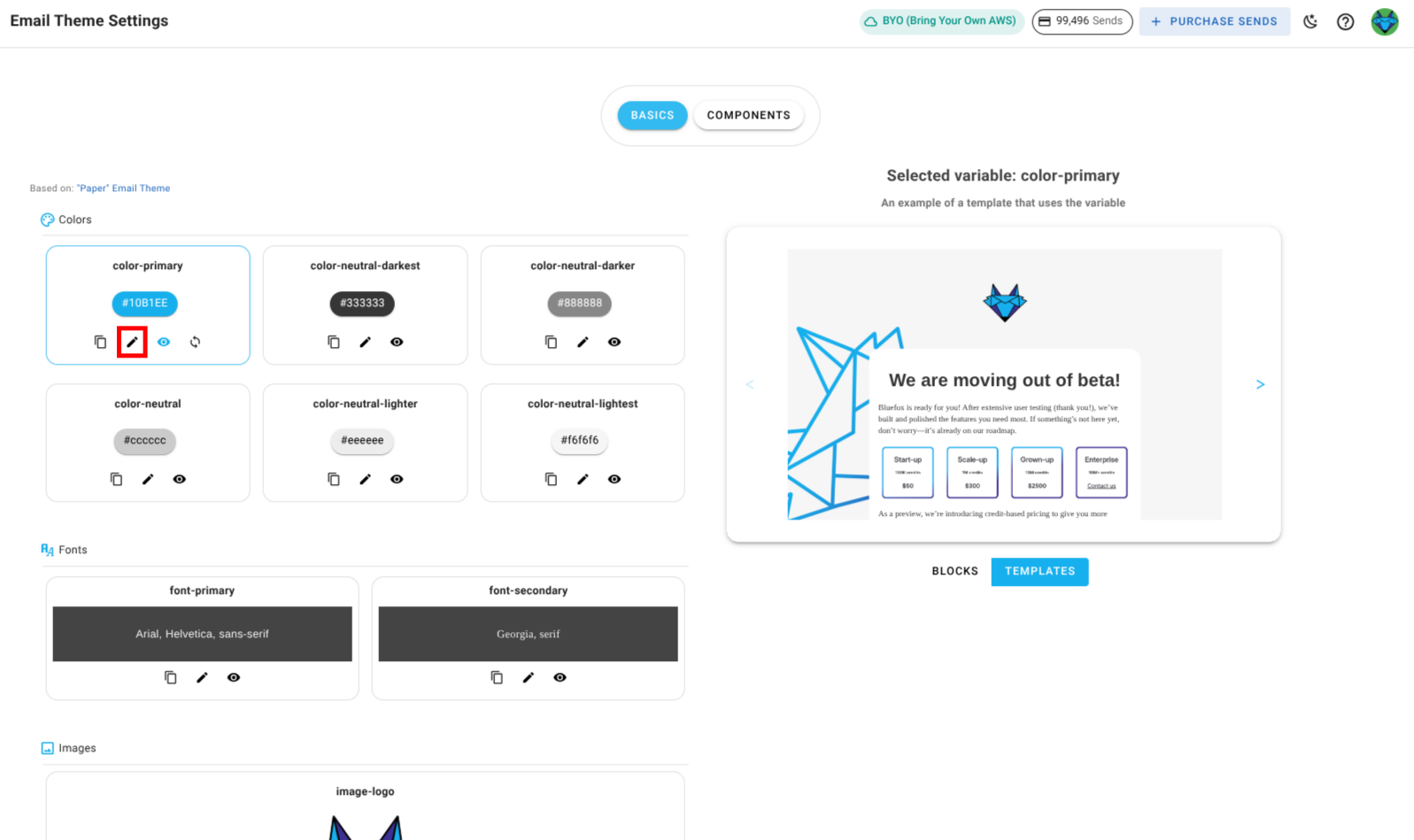 A screenshot of a project's email theme settings section - edit icon highlighted.
