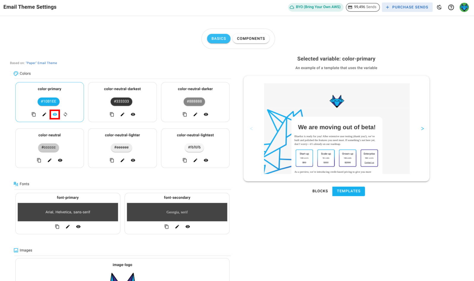 A screenshot of a project's email theme settings section - preview icon highlighted.