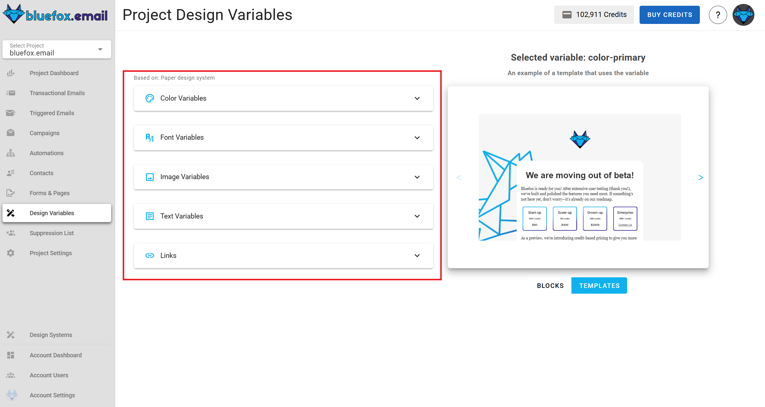 A screenshot of a project's design system variables section.