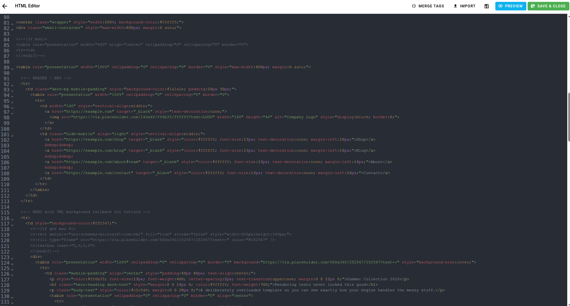 A screenshot of the Raw HTML editor toolbar and side panel.