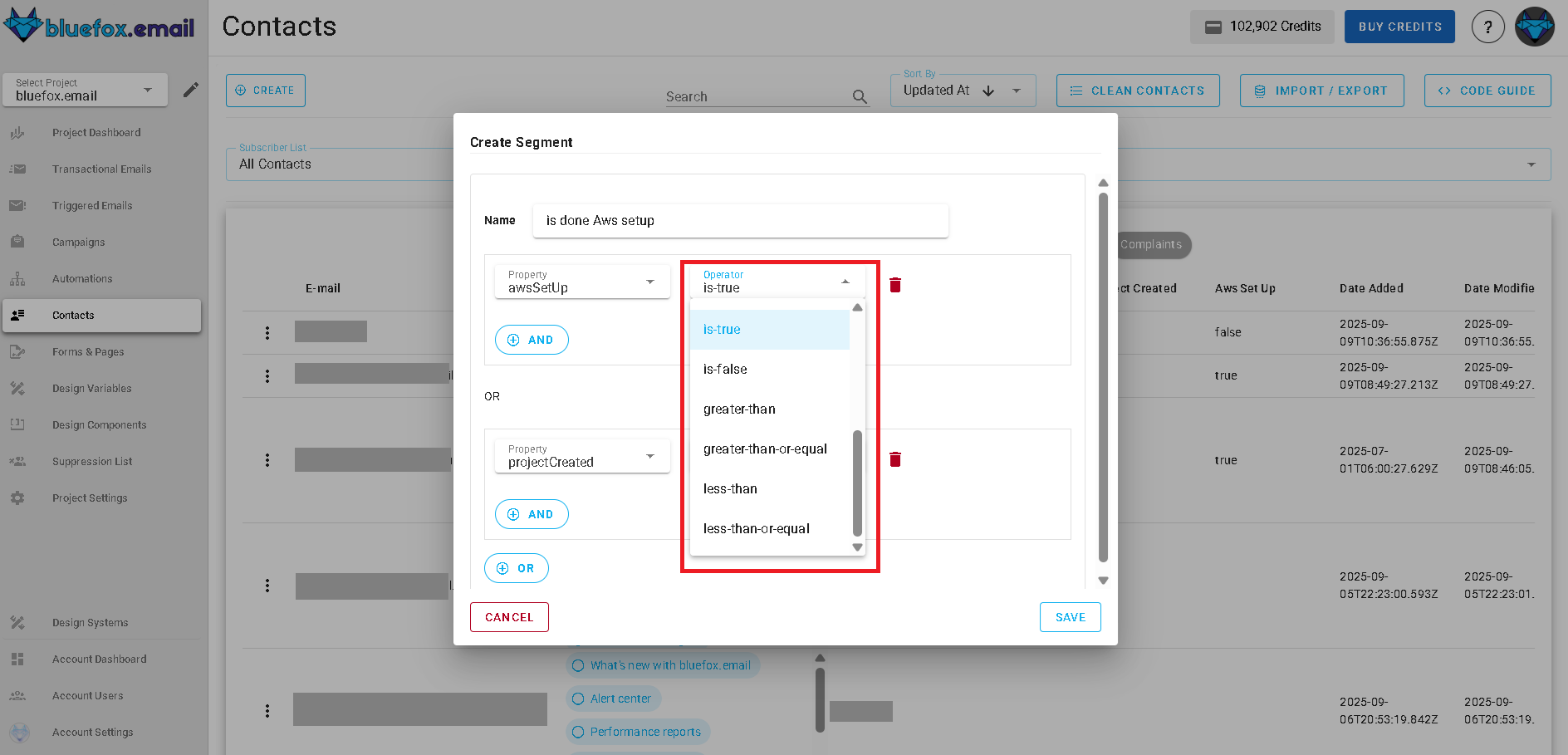 Screenshot of segment condition operators