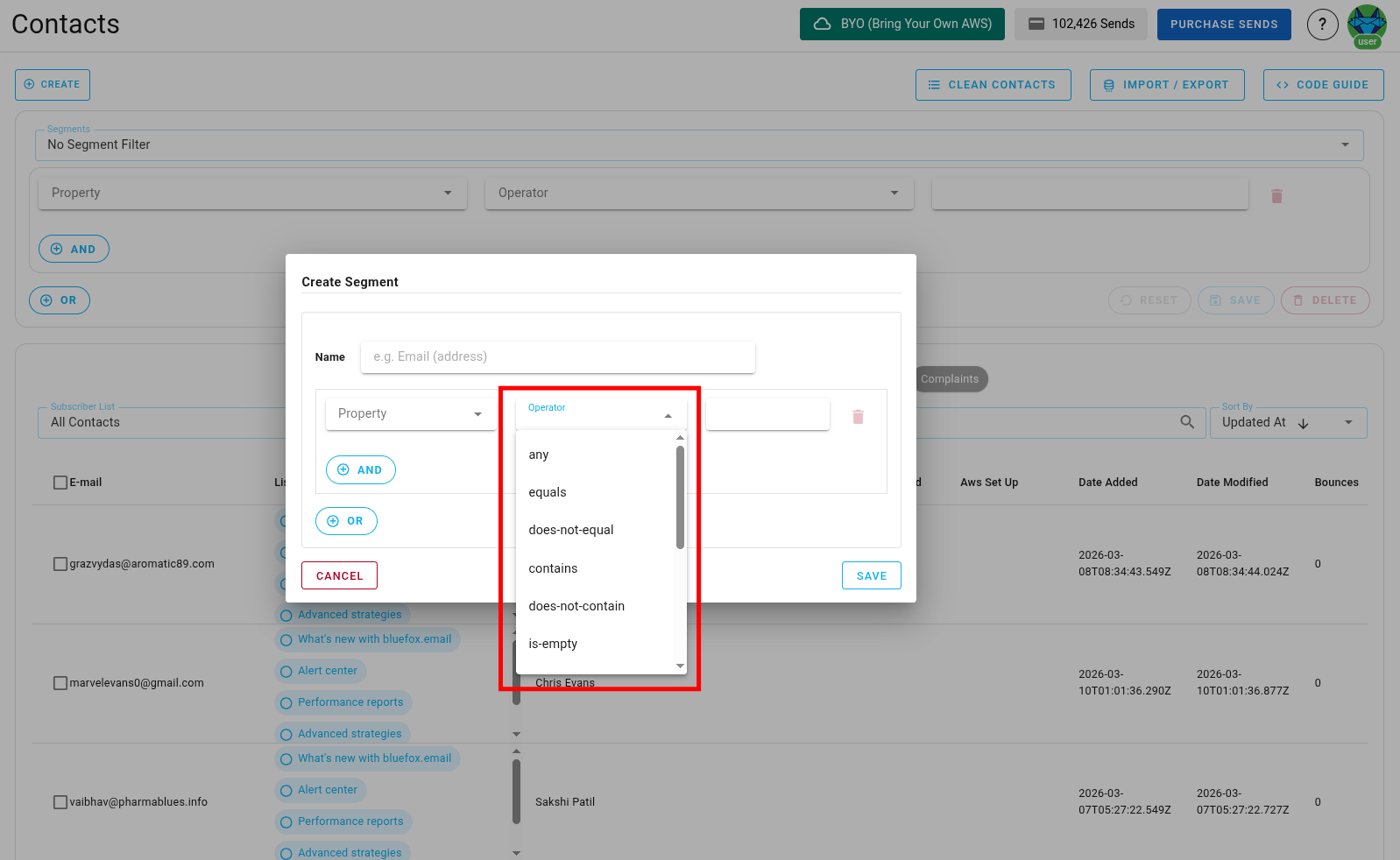 Screenshot of segment condition operators