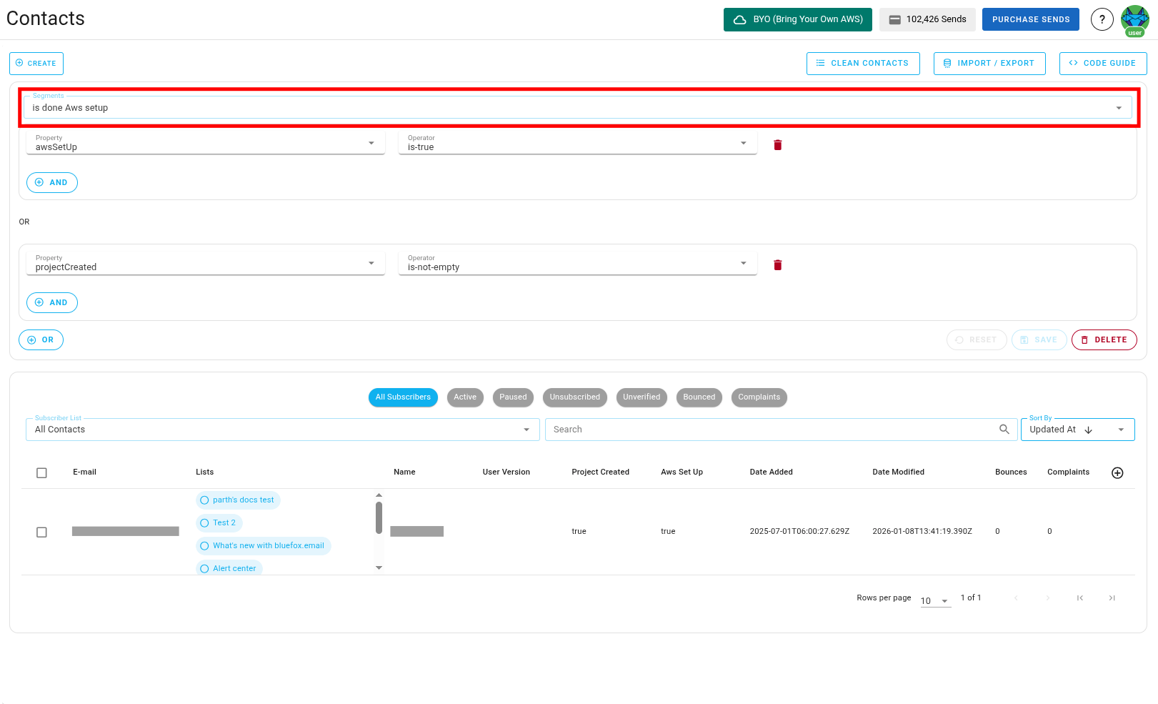 Screenshot of segment contacts view