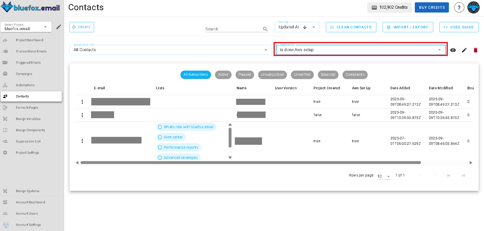Screenshot of segment contacts view