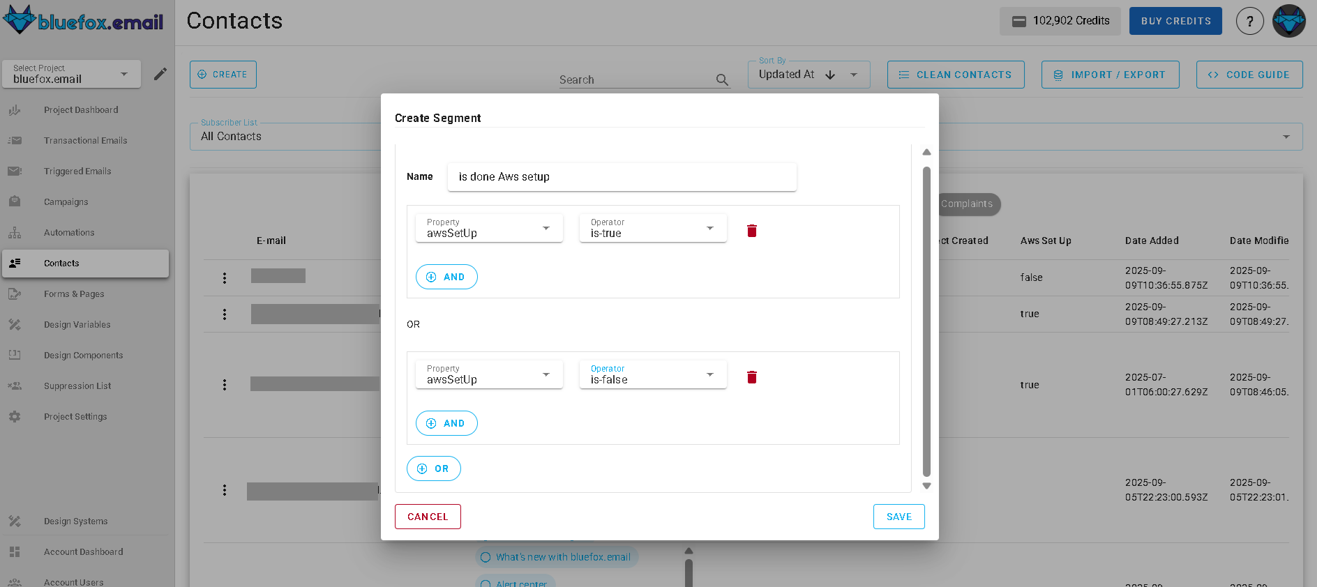 Screenshot of the segment creation form