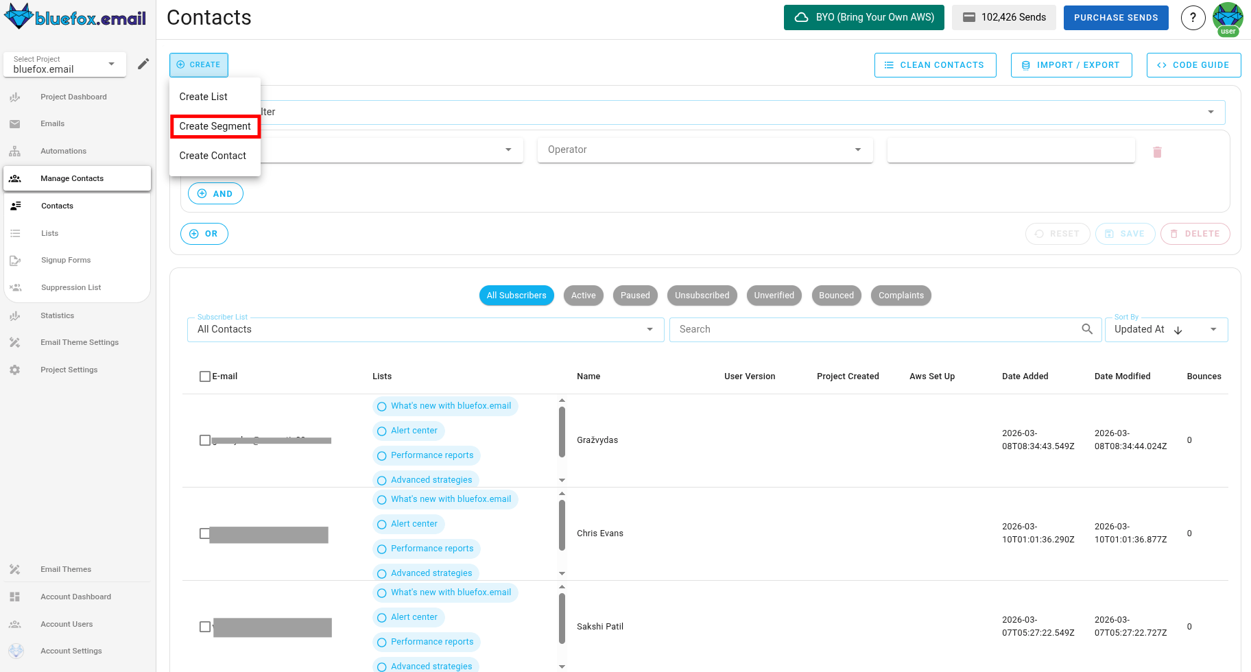 Screenshot of the segments page - create button highlighted