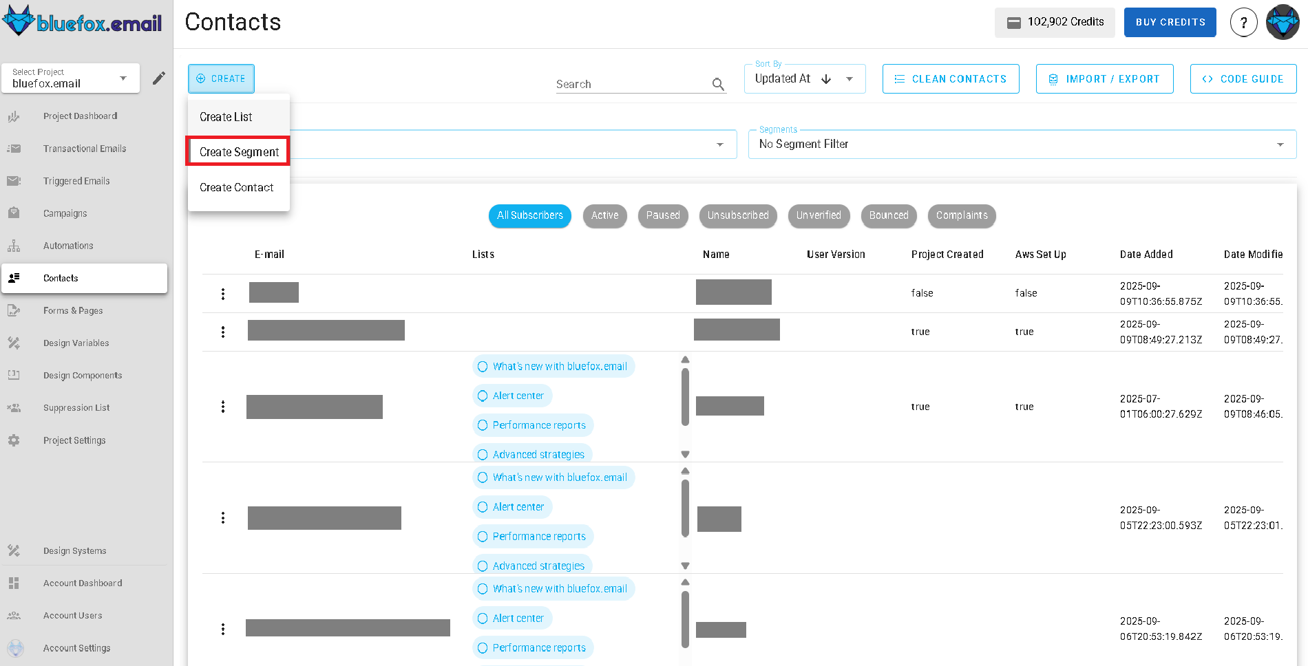 Screenshot of the segments page - create button highlighted