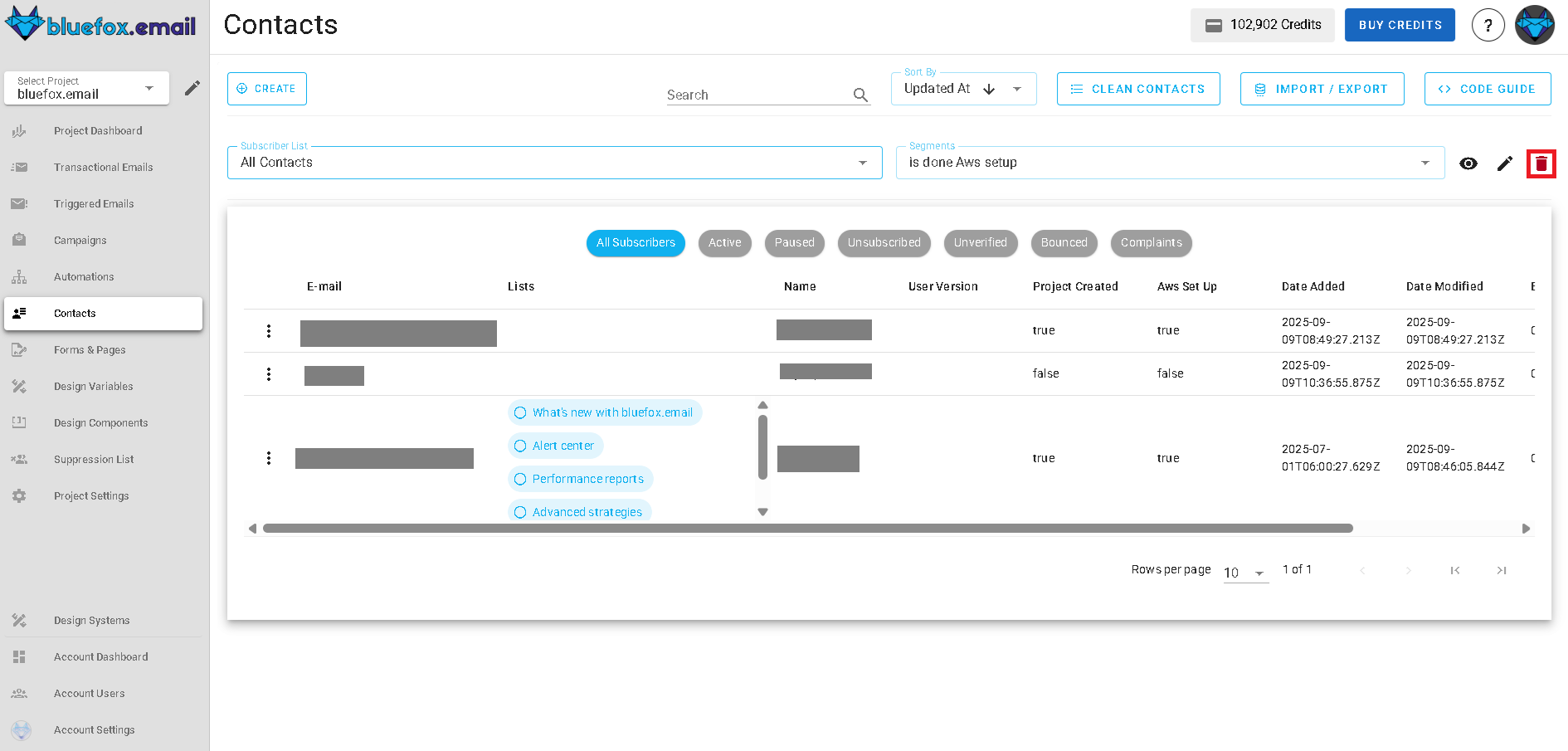 Screenshot of segment delete option