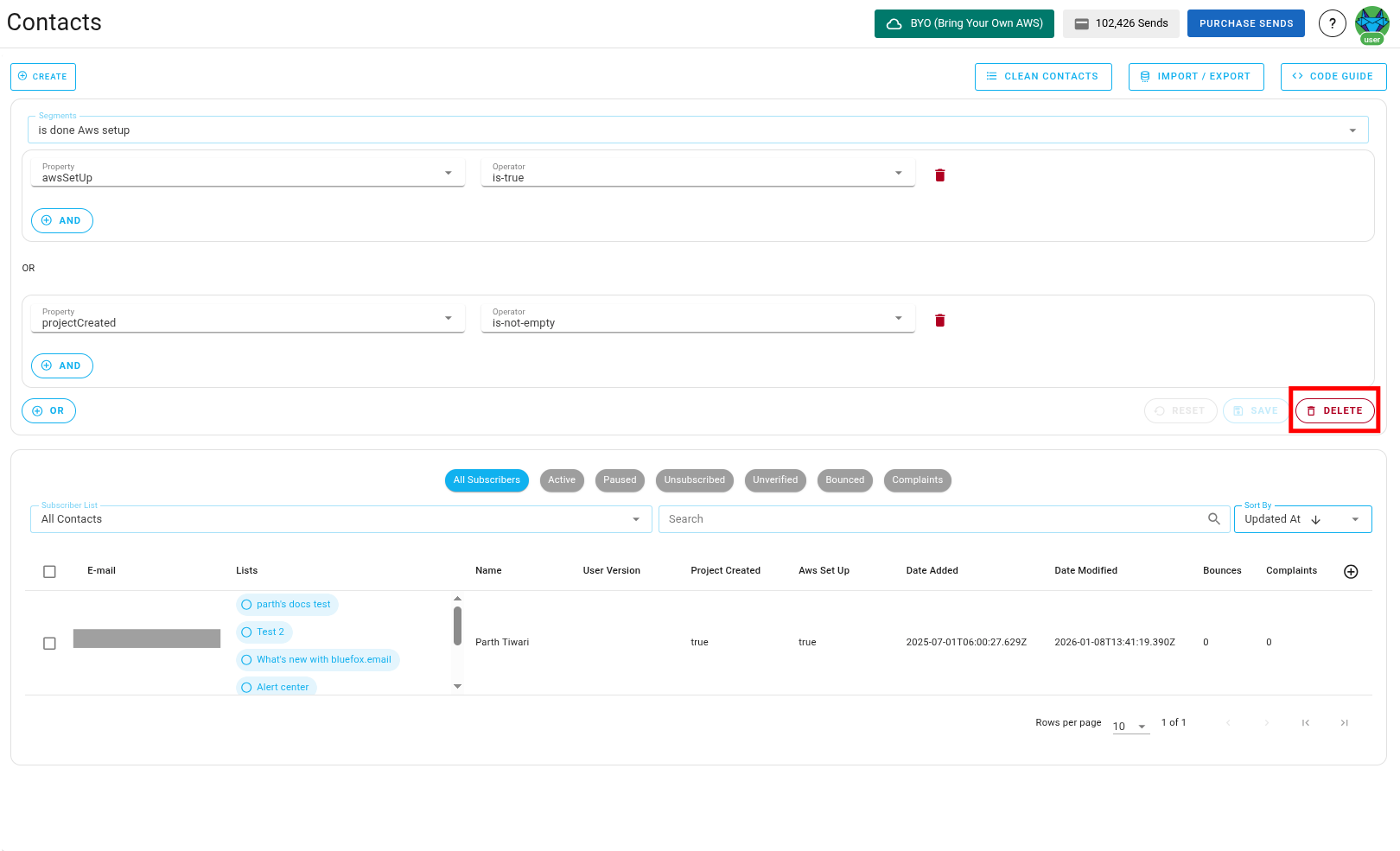 Screenshot of segment delete option