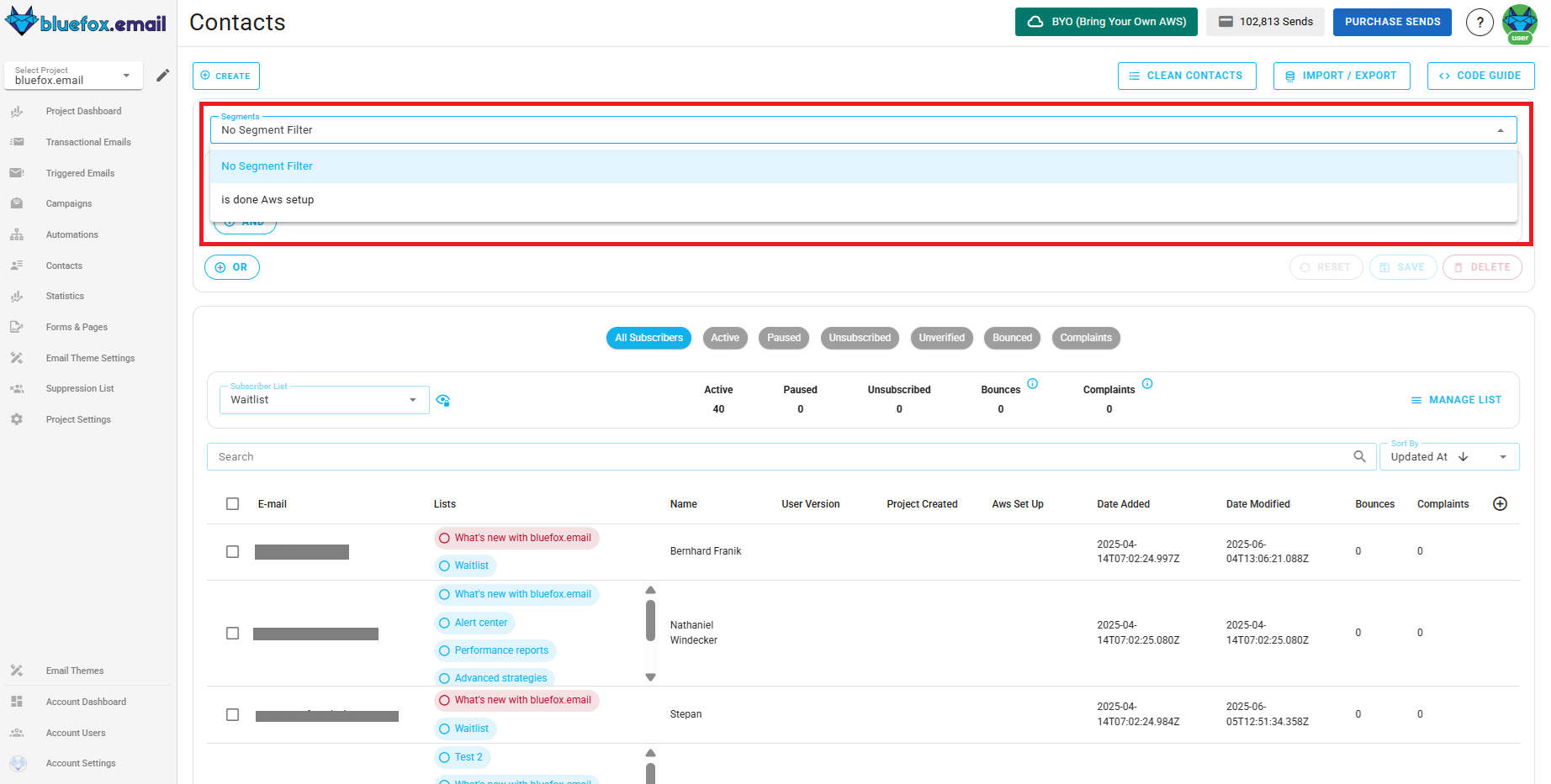 Screenshot of the segments button