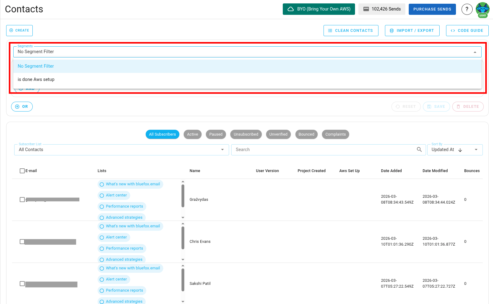 Screenshot of the segments button