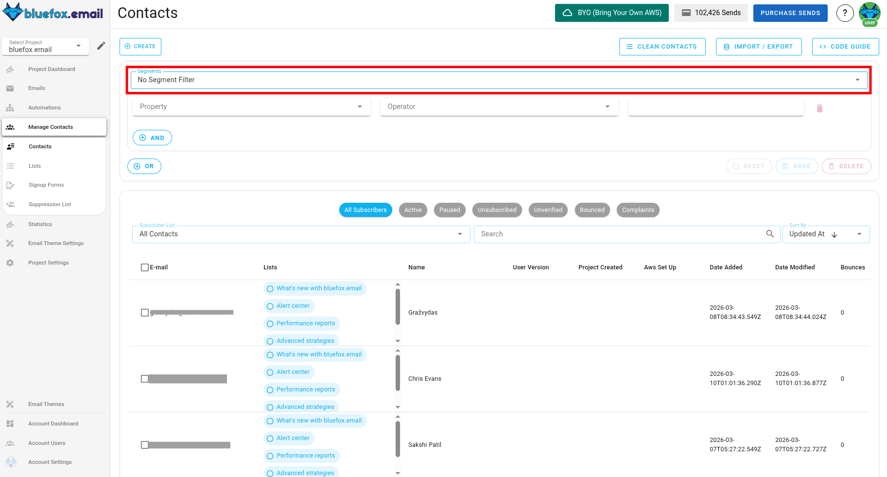 Screenshot of the segments tab