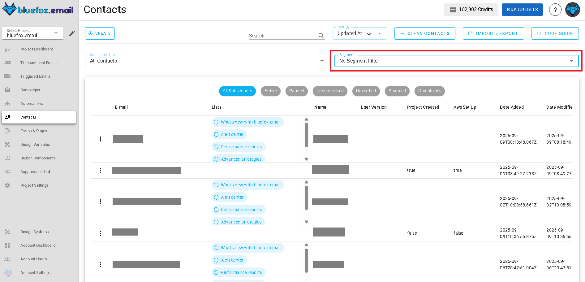 Screenshot of the segments tab