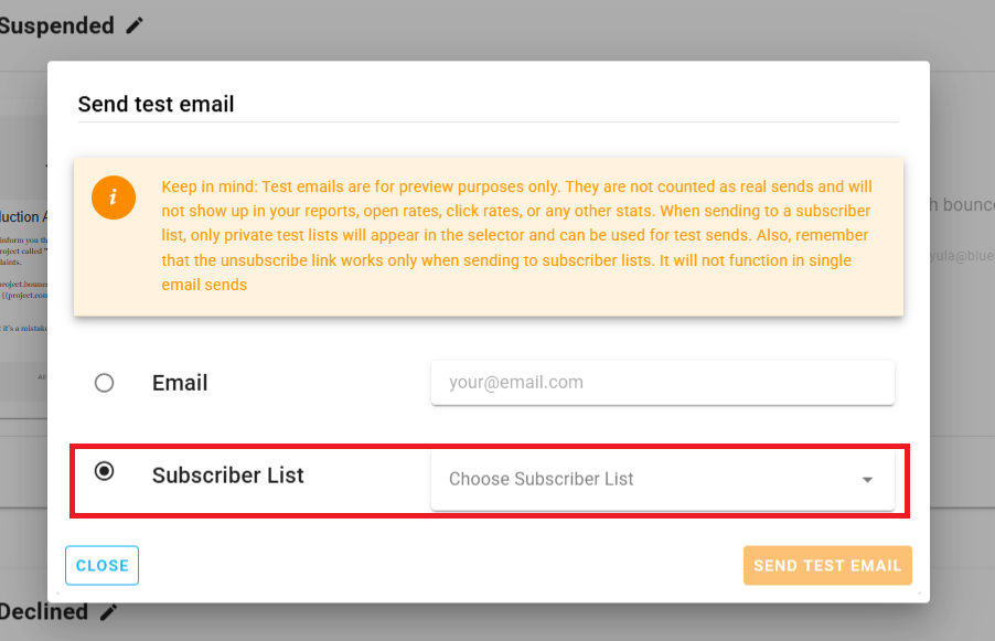 A screenshot of the send test email dialog for subscriber list.