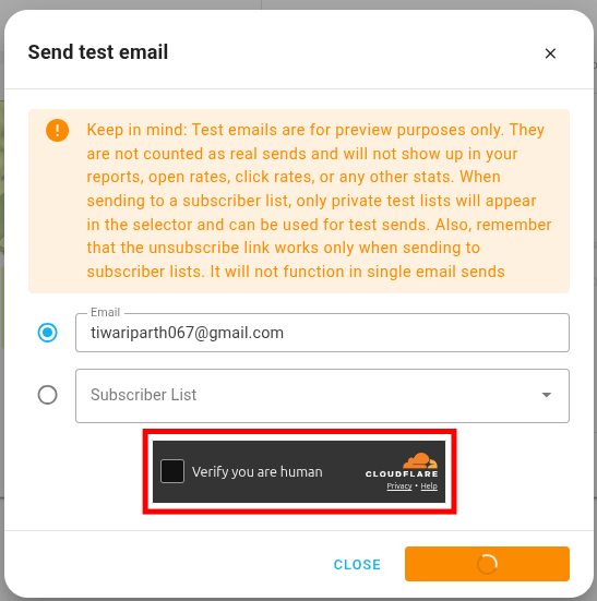 A screenshot of the send test email dialog with the Turnstile verification.