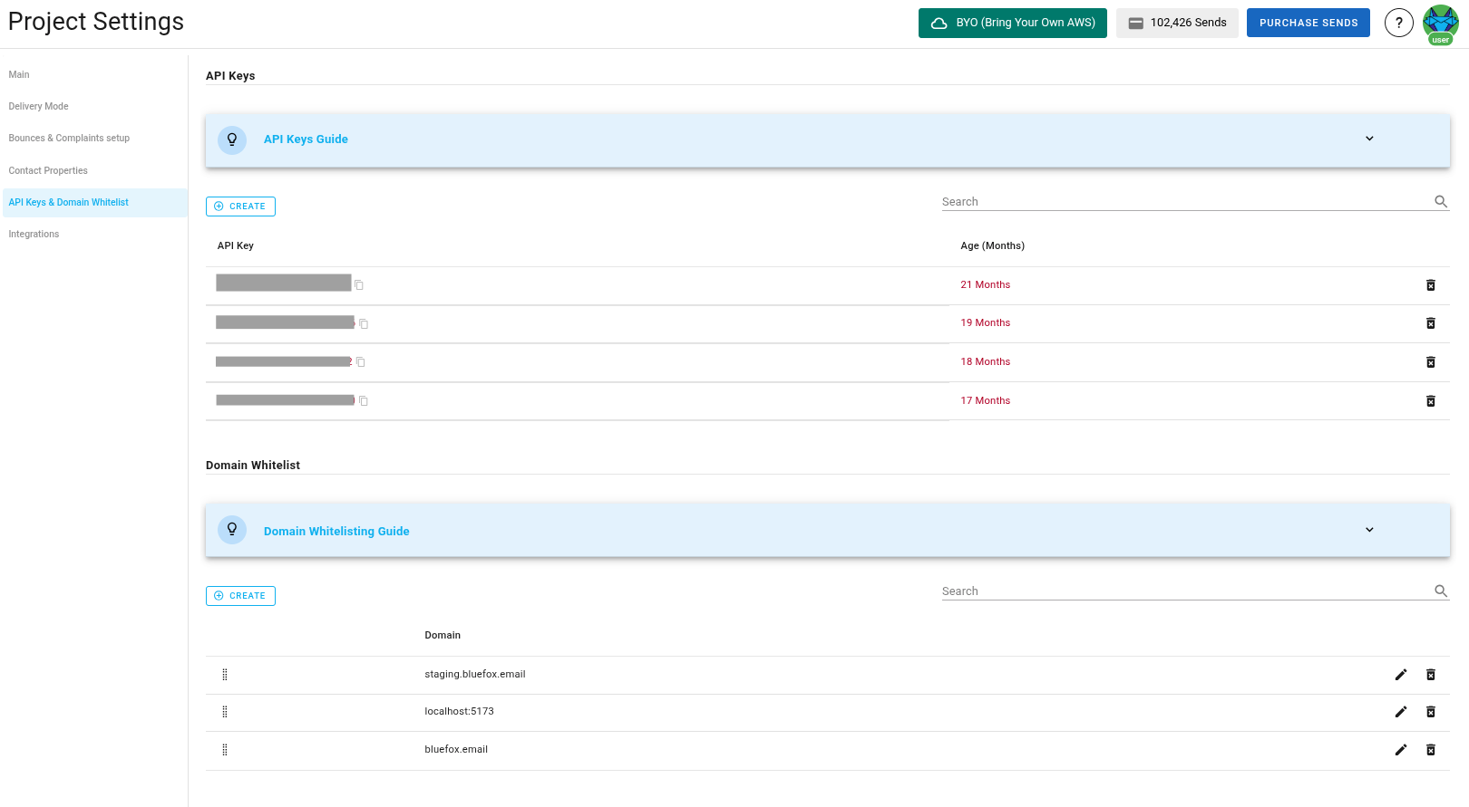 A screenshot of a project settings API keys section.