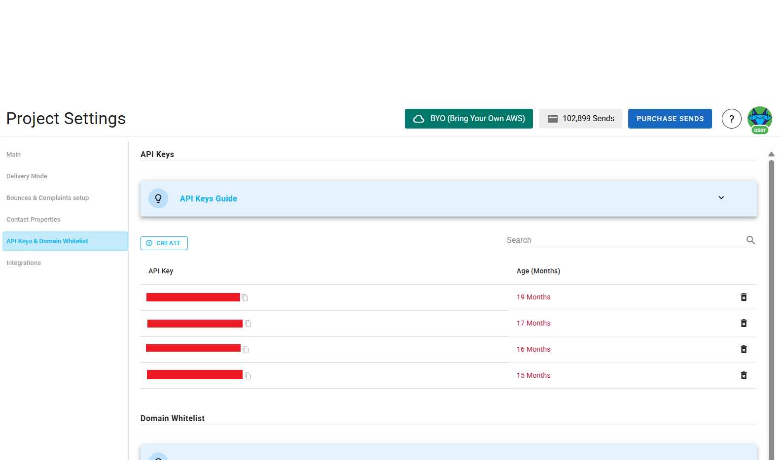 A screenshot of a project settings API keys section.