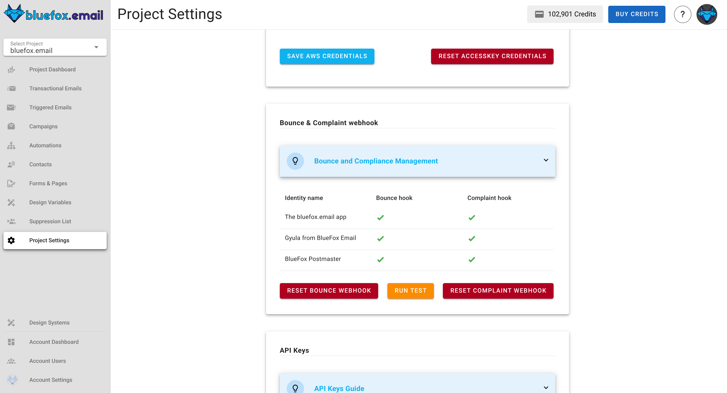 A screenshot of a project settings AWS bounce and complaints section. (Already set up.)