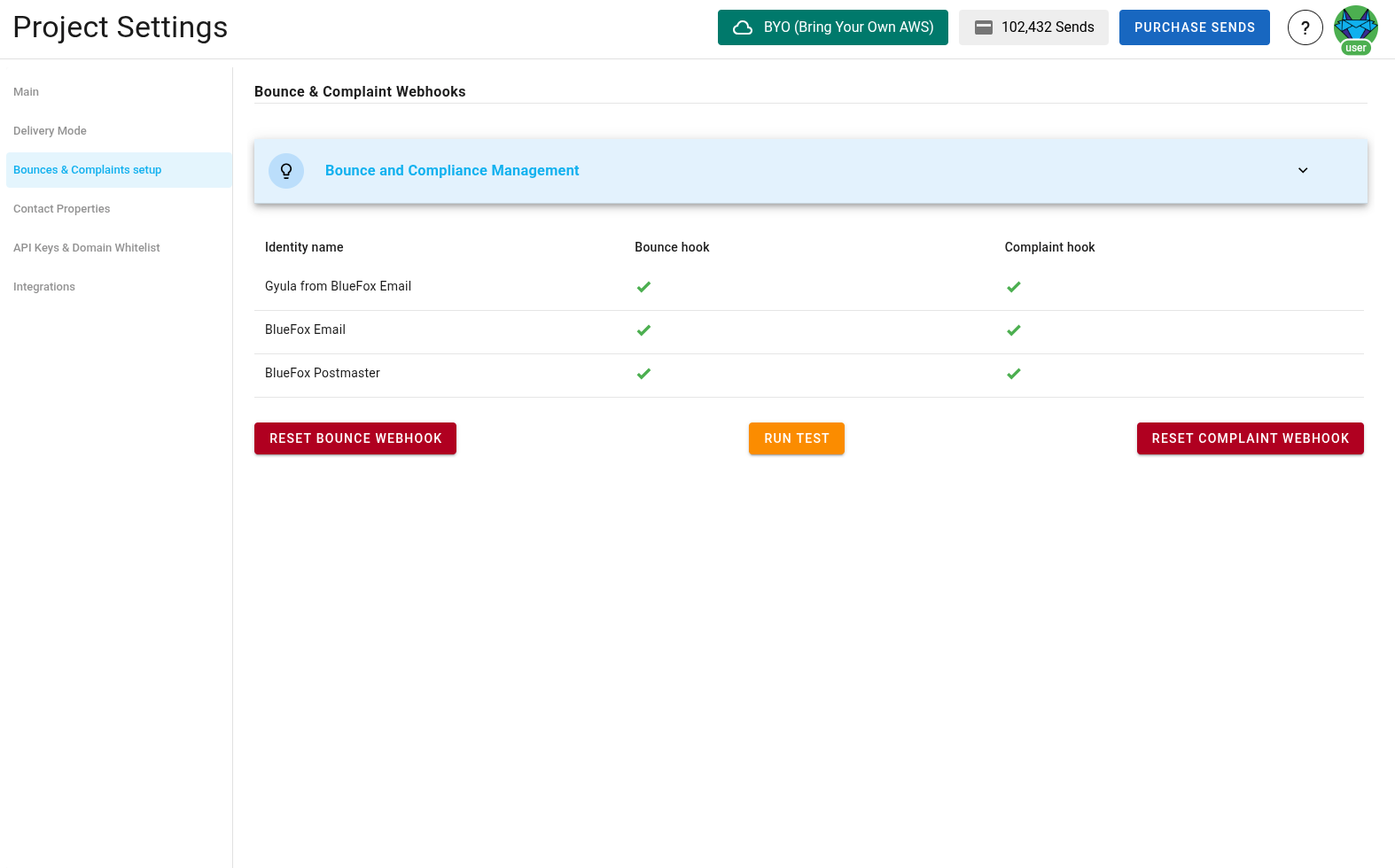 A screenshot of a project settings AWS bounce and complaints section. (Not set up.)
