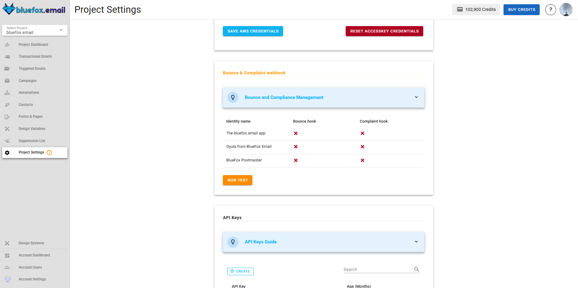 A screenshot of a project settings AWS bounce and complaints section. (Not set up.)