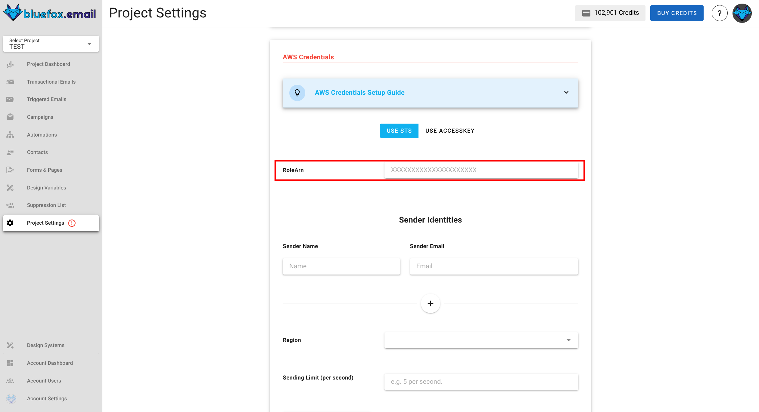 A screenshot of a project settings AWS credentials section.