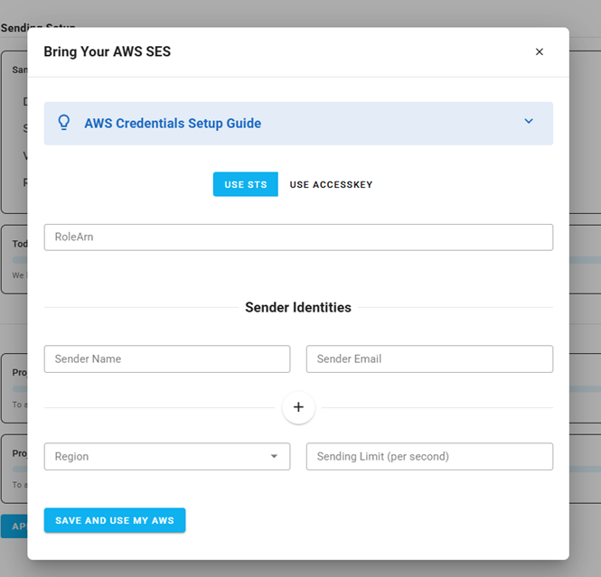 A screenshot of a project settings AWS credentials section.