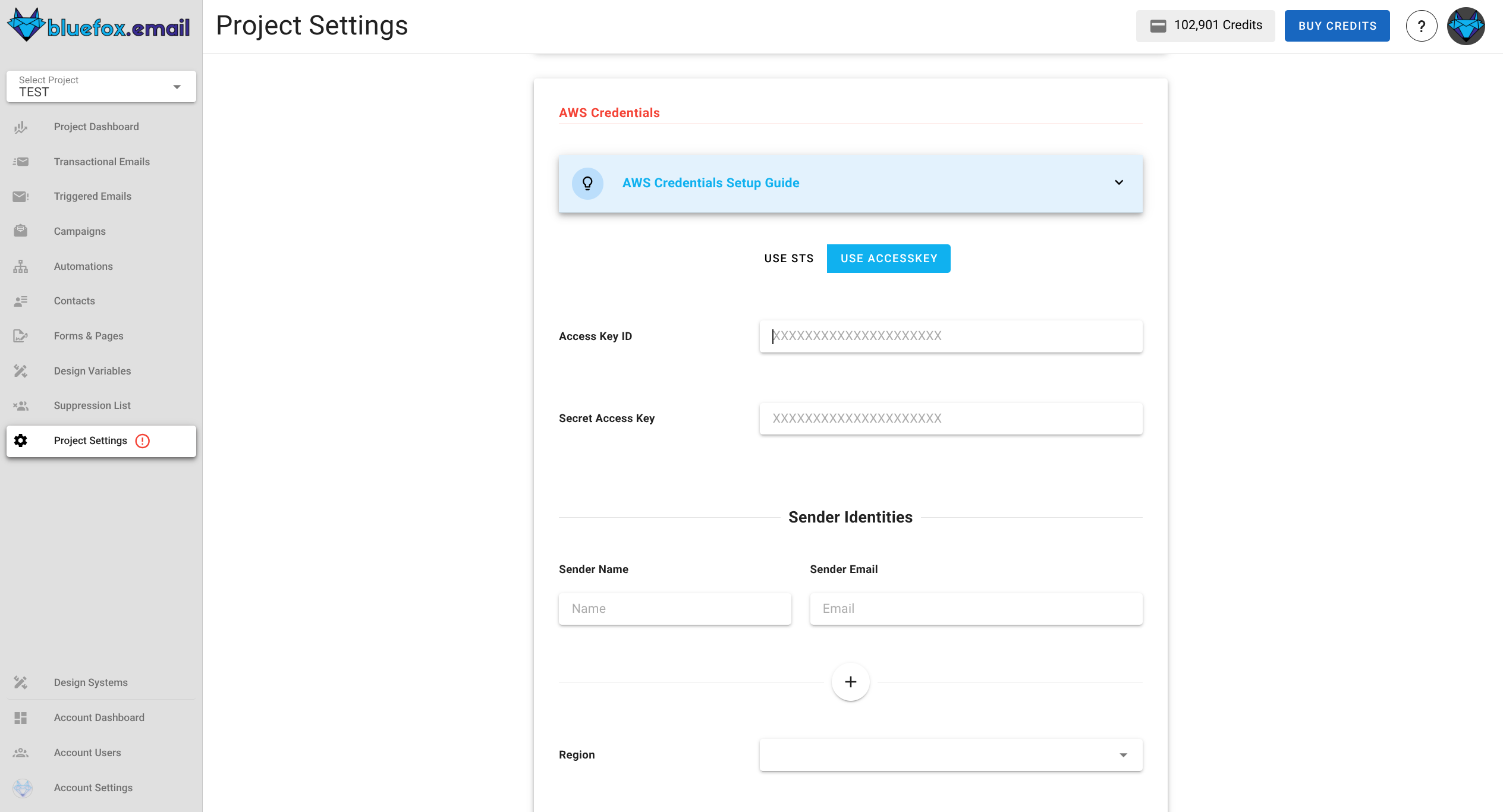 A screenshot of a project settings AWS credentials section.