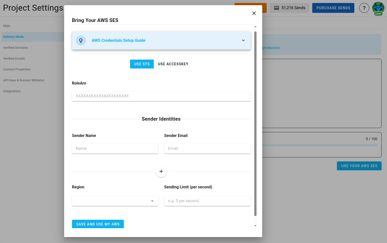 A screenshot of a project settings AWS credentials section.