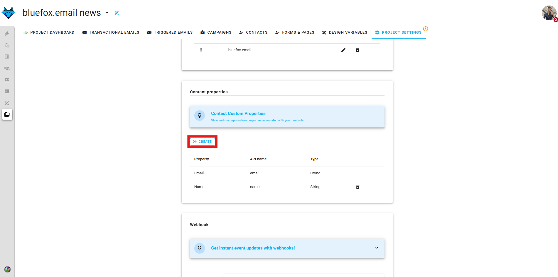 A screenshot of a project settings contact properties section create property.