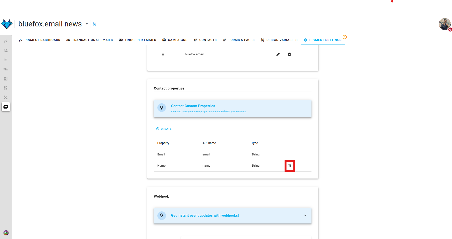 A screenshot of a project settings contact properties section delete property.