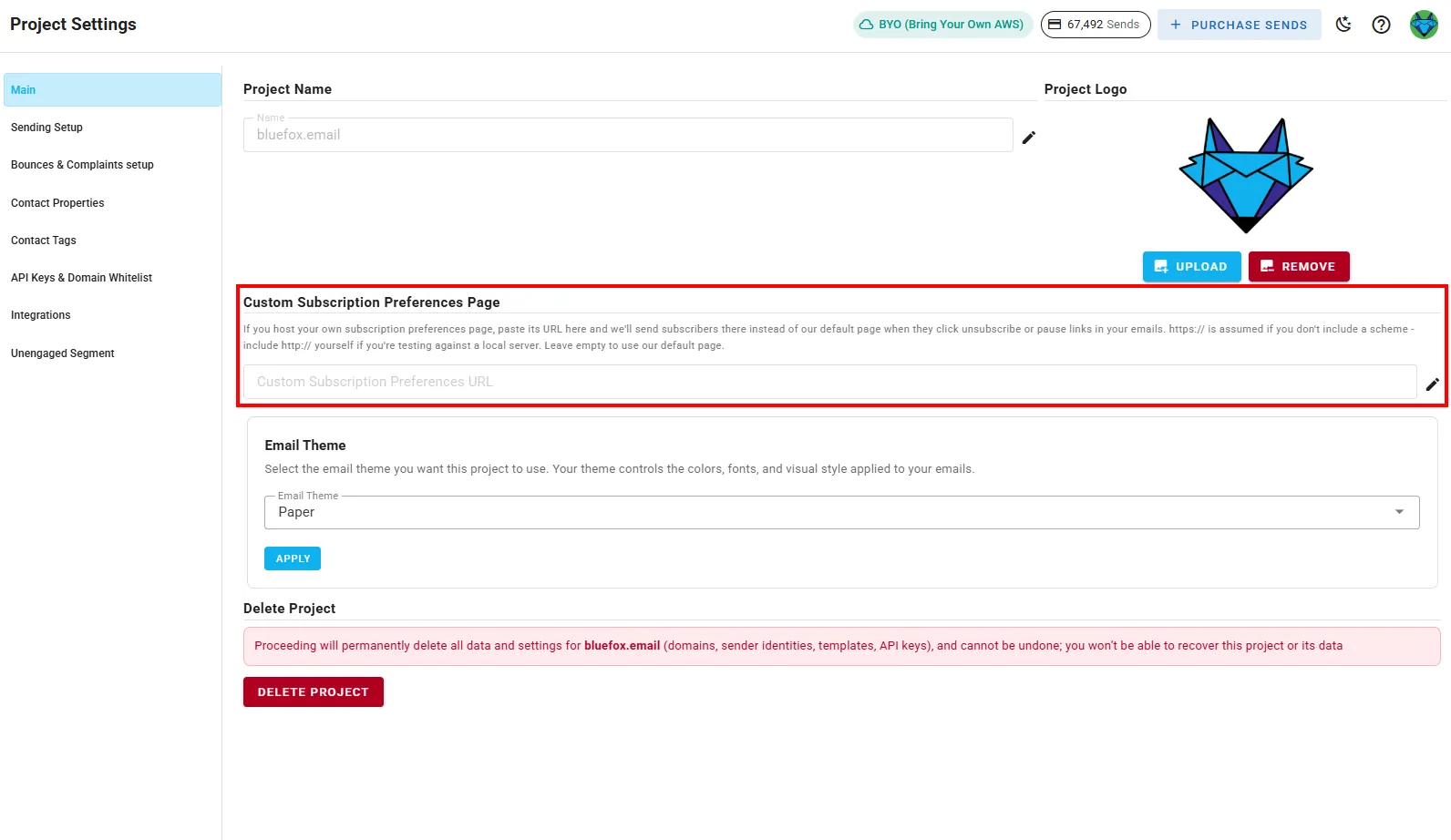 A screenshot of the custom subscription preferences page section in the project settings main tab.