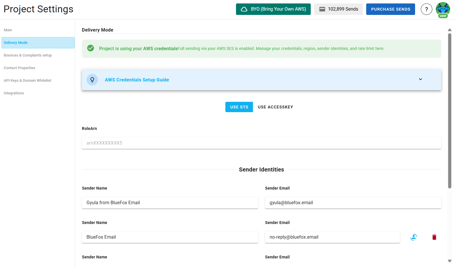 A screenshot of a project settings delivery modes section.