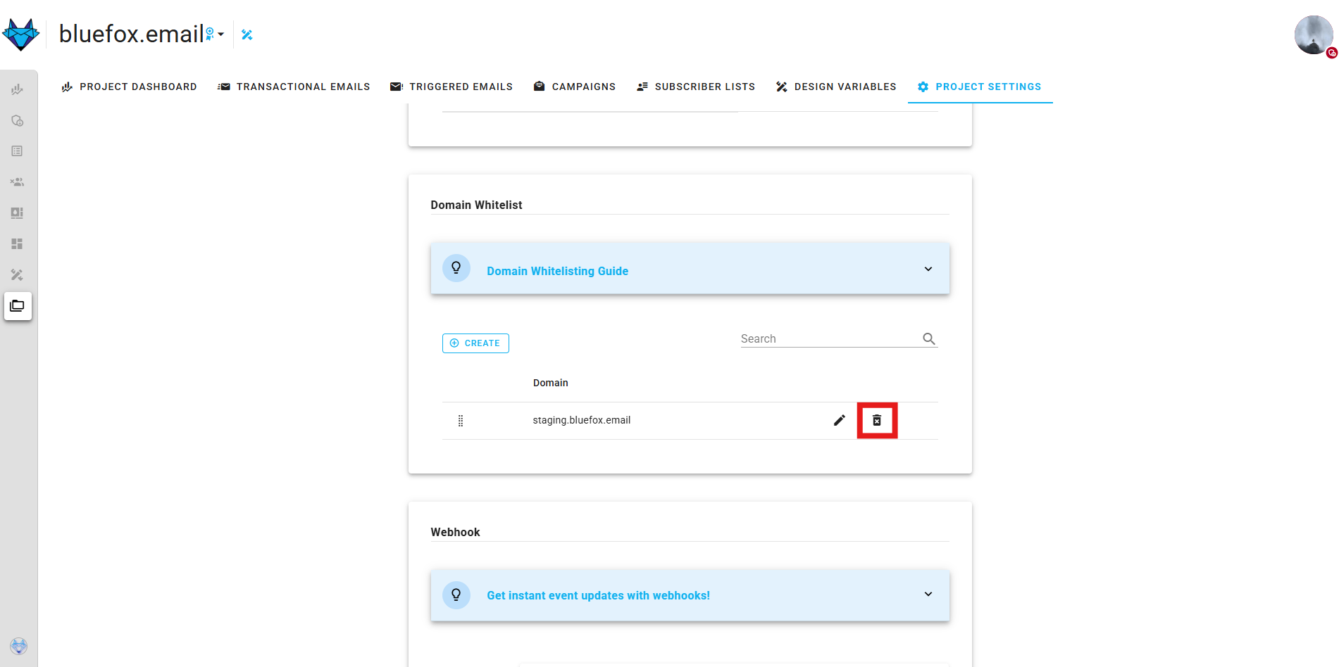 A screenshot of a project settings domain whitelist section delete domain.
