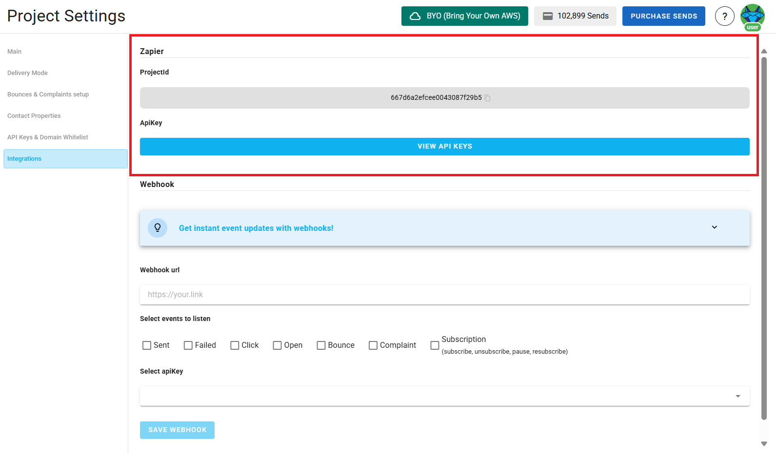 A screenshot of a project settings integrations section Zapier integration.