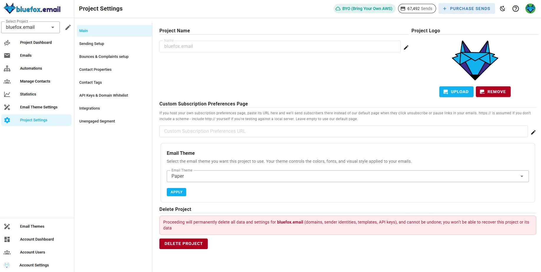 A screenshot of a project settings main page.