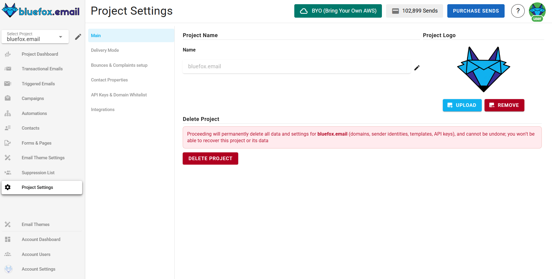 A screenshot of a project settings main page.