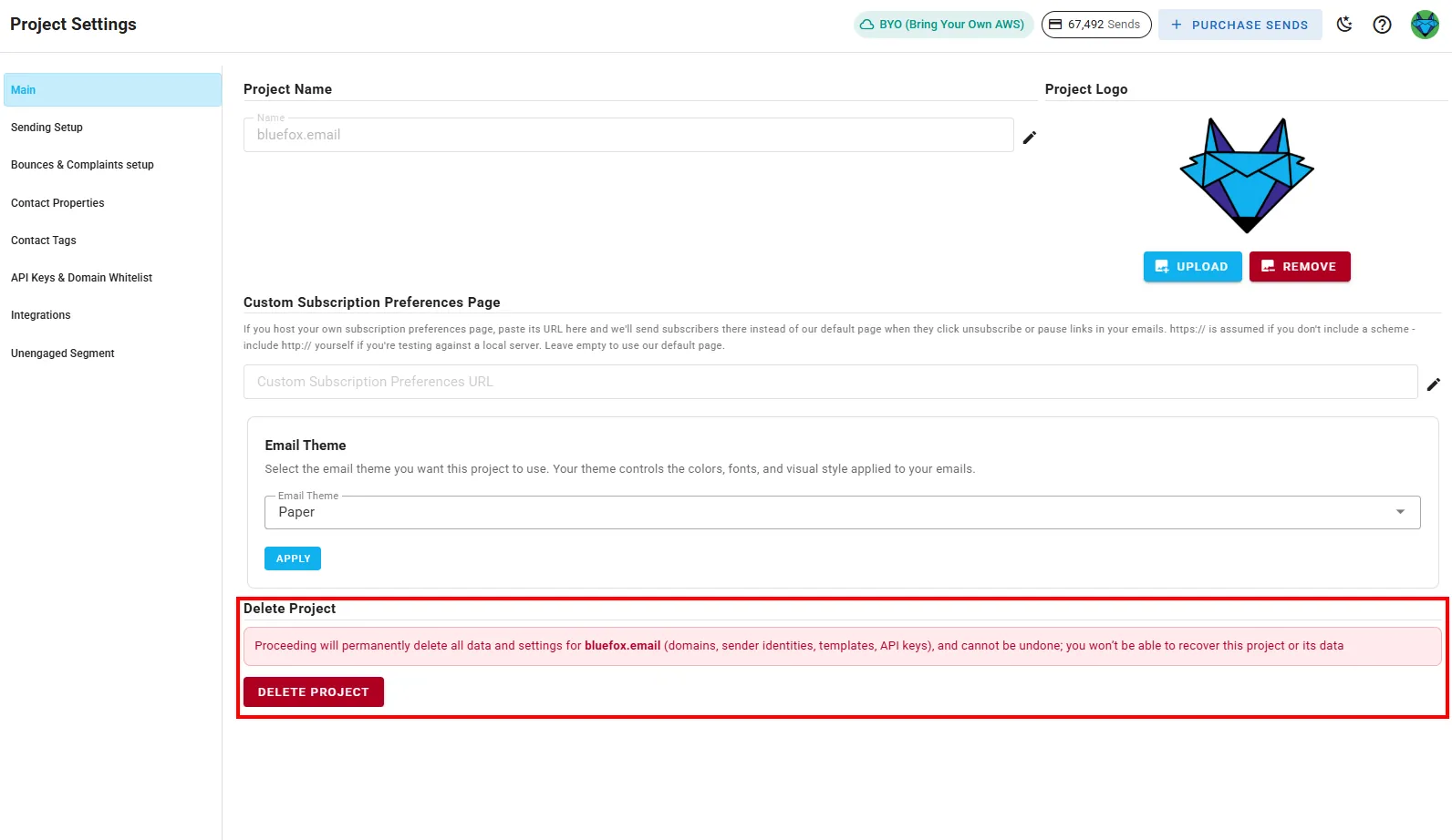 A screenshot of a project settings main settings section - project name and delete project button highlighted.