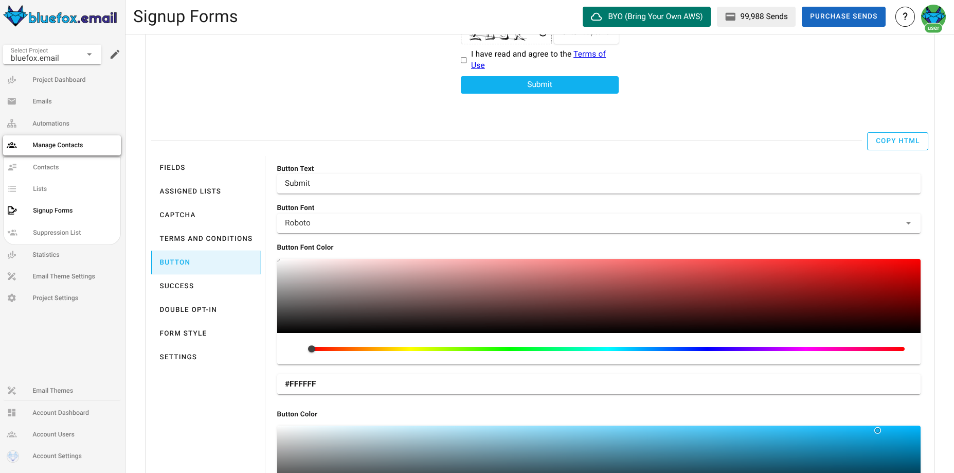 Screenshot of the subscriber lists sign-up page button section