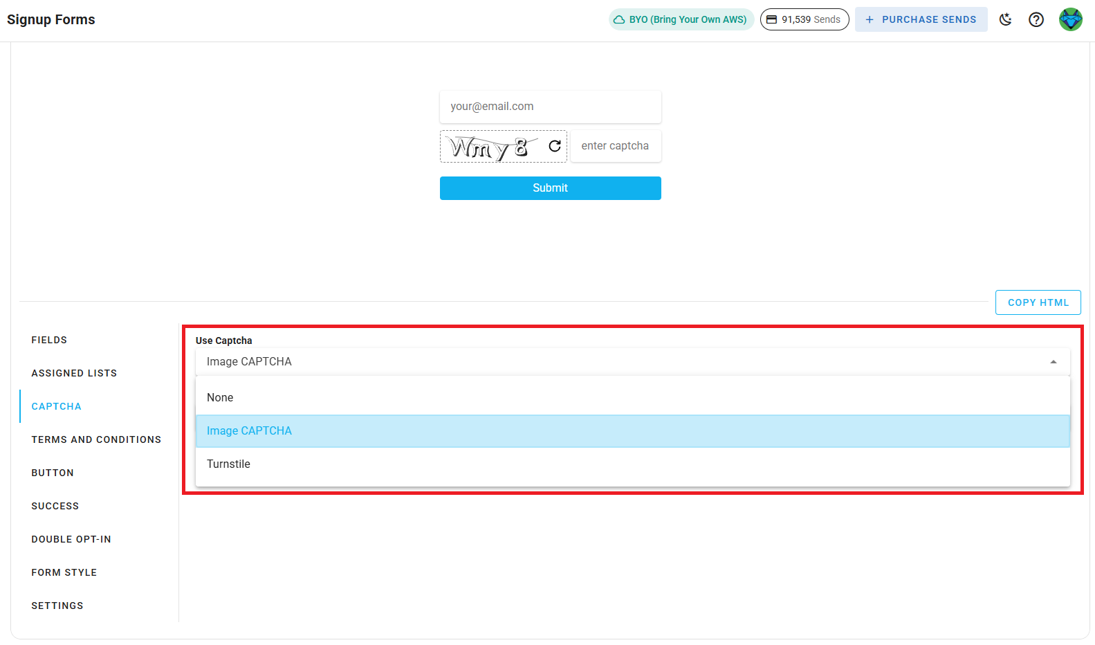 Screenshot of the subscriber lists sign-up page captcha type dropdown