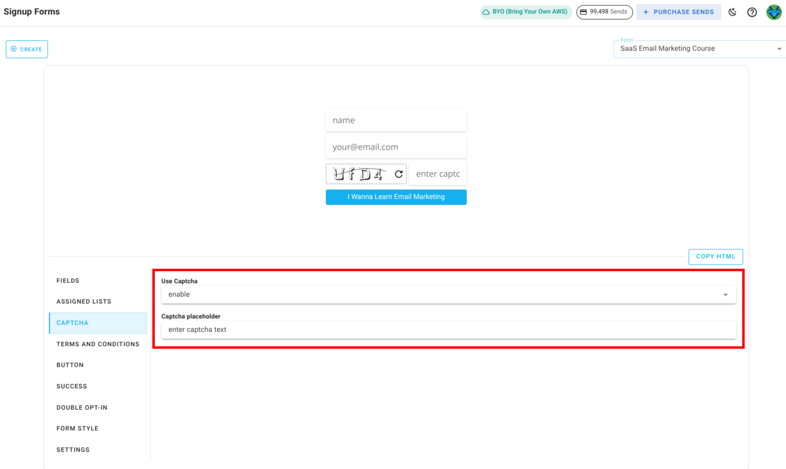 Screenshot of the subscriber lists sign-up page captcha section
