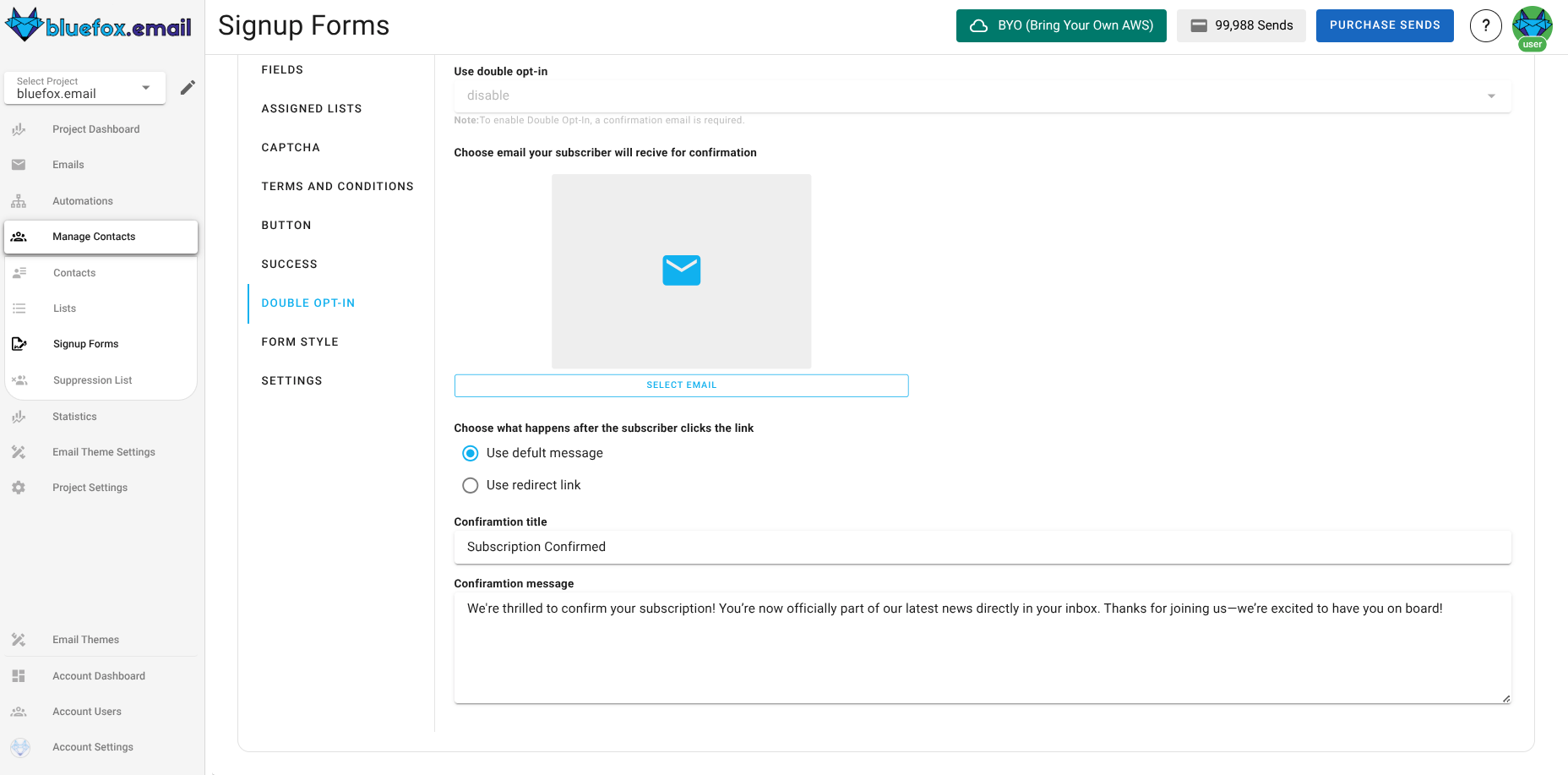 Screenshot of the subscriber lists sign-up page double opt-in section