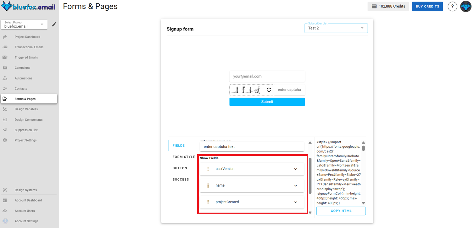 Screenshot of the subscriber lists sign-up page fields section drag and drop