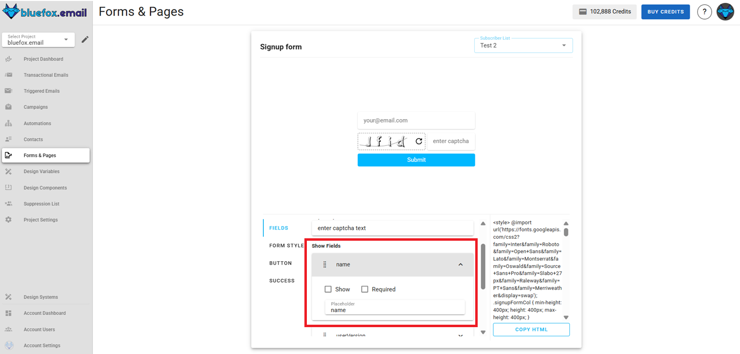 Screenshot of the subscriber lists sign-up page fields section